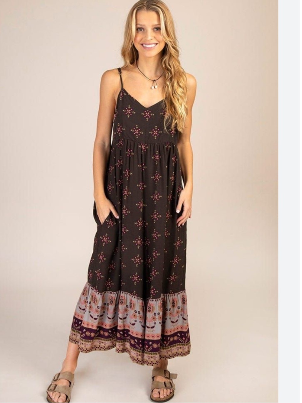 Natural Life Bohemian Brown and Pink Floral Wide Leg Romper